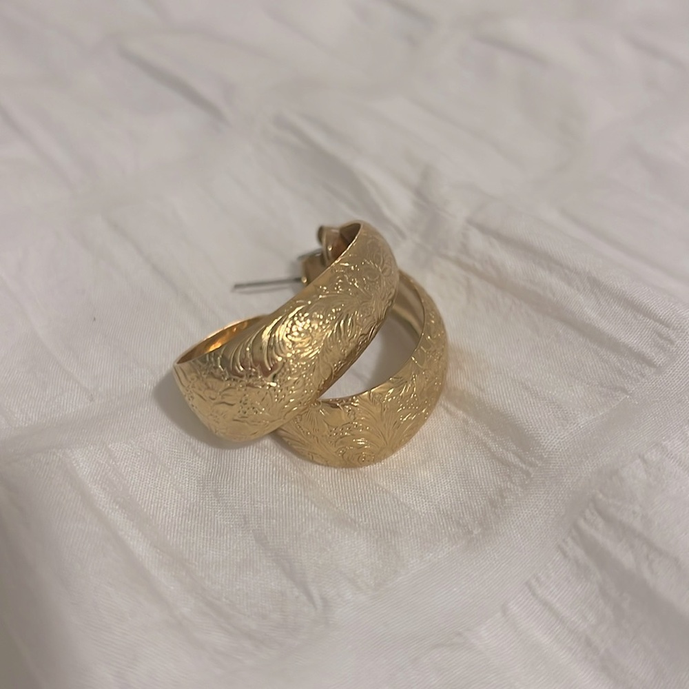 Gold floral embossed engraved hoop earrings